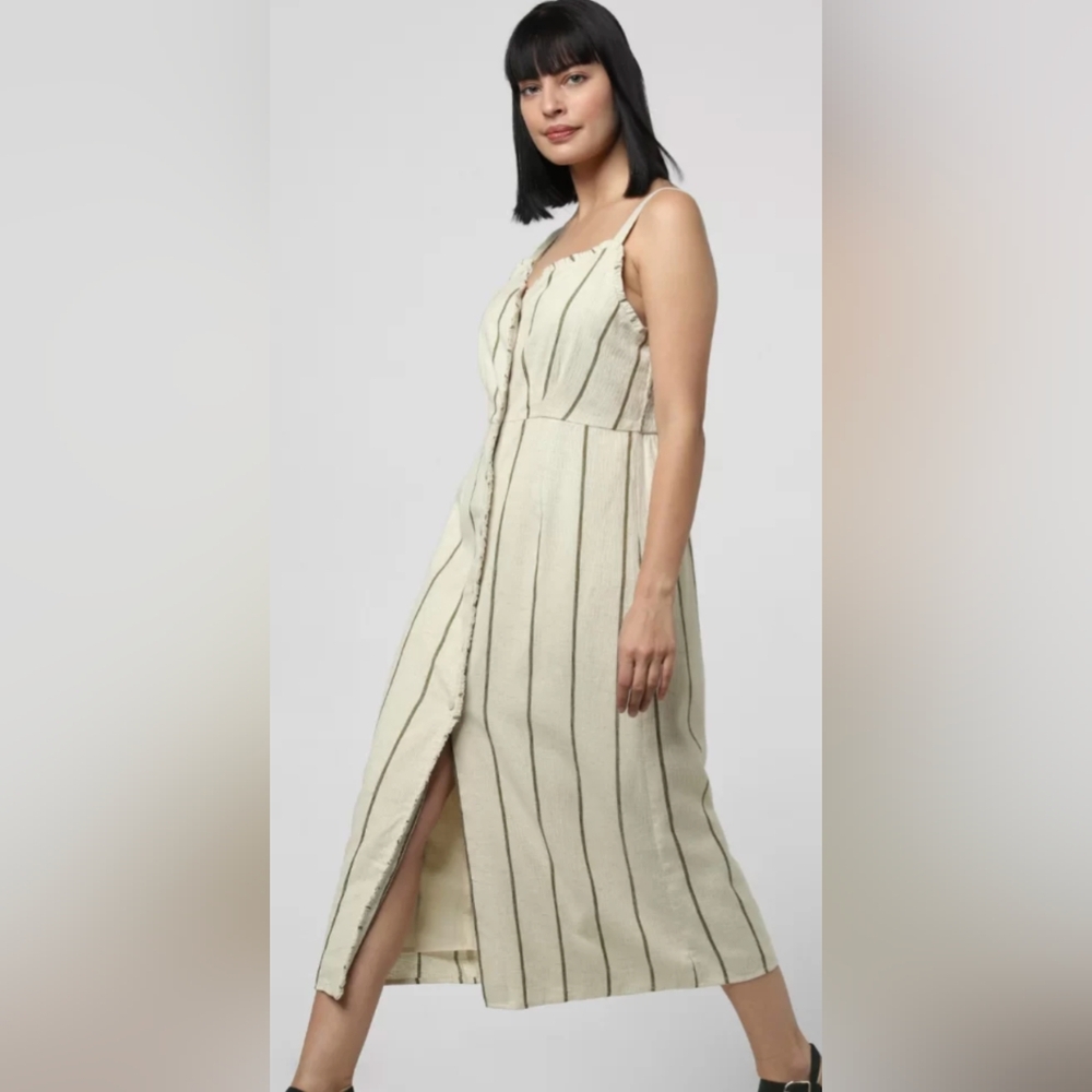 NWT Vero Moda Off-White/Olive Green Striped Ruffle Trim Button-up Midi Dress, S